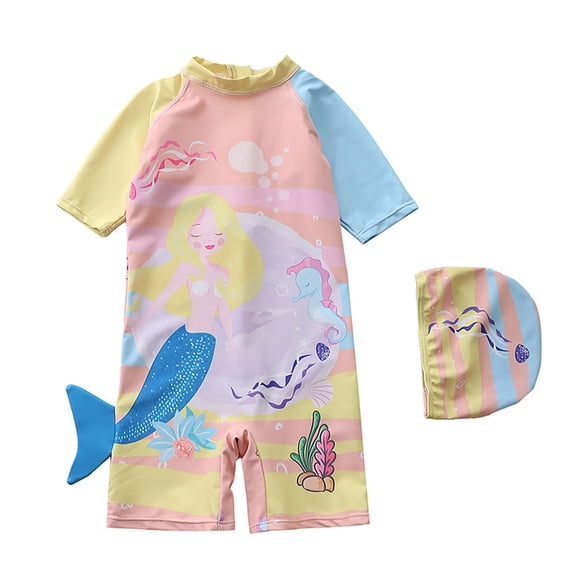 BOOMNY Toddler Baby Girls One Peice Swimsuits Short Sleeve Rash Guard for Kids Cartoon Graphic Lightweight Summer Vacation Beach Swimwear