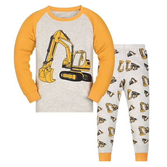 BOOMNY Toddler Boys 2 Peice Pajamas Sets Cartoon Excavator Graphic Long Sleeve Sleepwear Tops Pants Pjs Set for Kids Cozy Loungewear Homewear