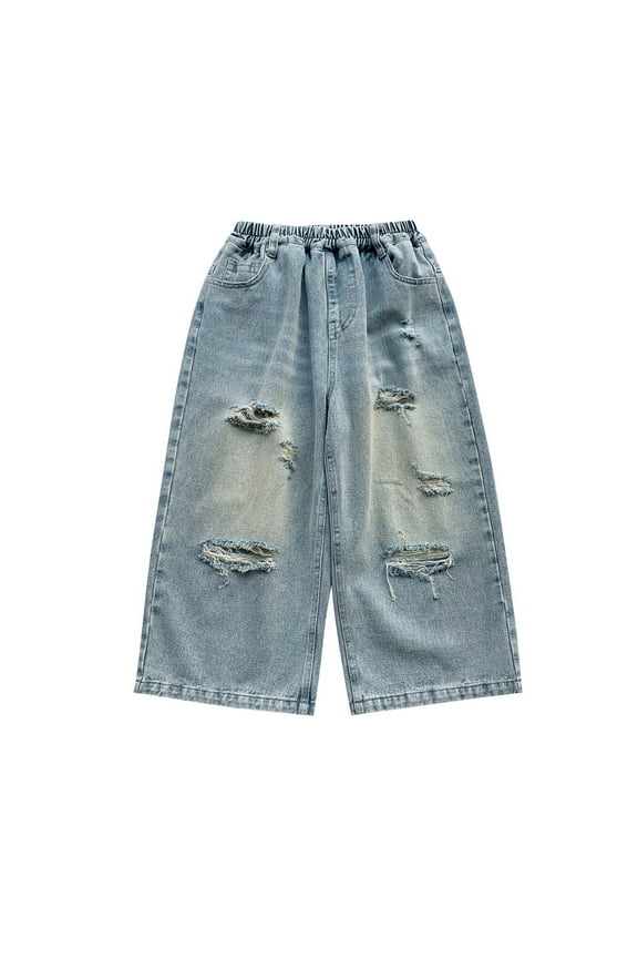 Toddler Boys Baggy Jeans Straight Leg Distressed Ripped Jeans for Boys Casual Solid Color Elastic Waist Streetwear Cozy Denim Trousers for Children