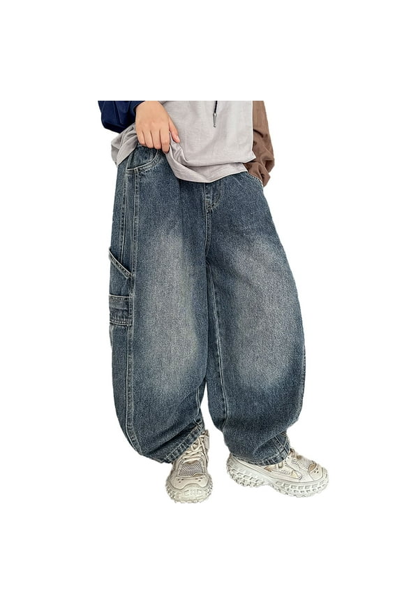 Toddler Boys Baggy Jeans Wide Leg Distressed Jeans for Boys Solid Color Elastic Waist Streetwear Cozy Denim Shorts for Children