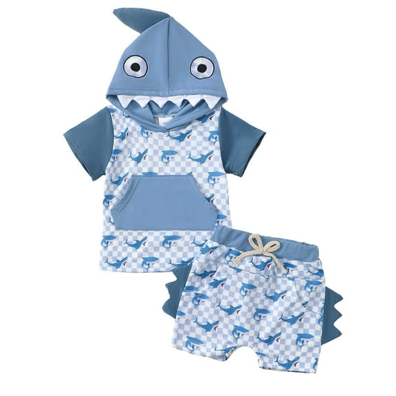 BOOMNY Toddler Boys Clothes Set Short Sleeve Cartoon Shark Shaped Pullover Hoodies Shorts 2Pcs Outfit Sets Soft Breathable Clothes Sets Lovely Boys Dailywear