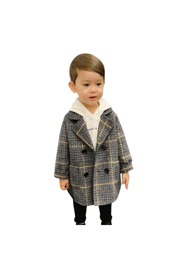 Toddler Boys Long Sleeve Thick Wool Trench Coat Buttons Plaid Warm Fall Winter Peacoat