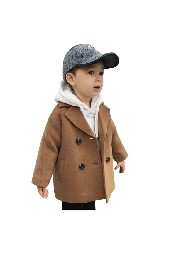 Toddler Boys Long Sleeve Thick Wool Trench Coat Buttons Plaid Warm Fall Winter Peacoat