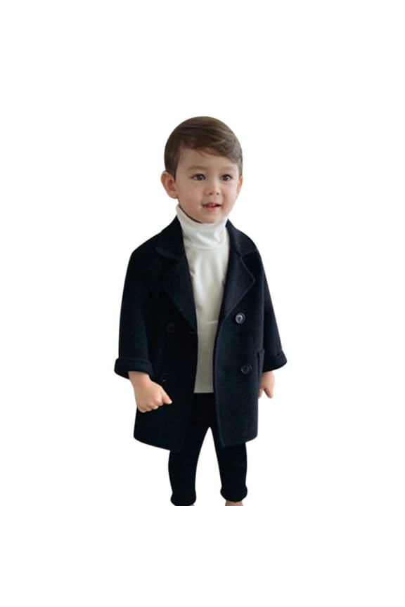 Toddler Boys Long Sleeve Thick Wool Trench Coat Buttons Plaid Warm Fall Winter Peacoat