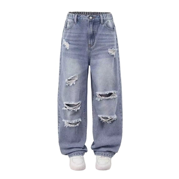 BOOMNY Toddler Boys Ripped Distressed Jeans Elastic Waist Solid Color Wide Leg Baggy Denim Pants With Pocket, Sizes 11-12 Years