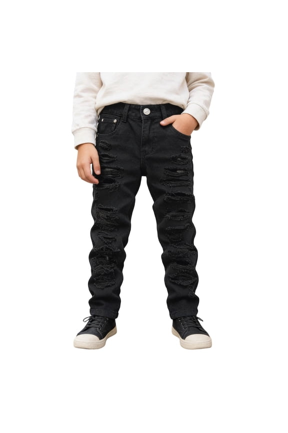 Toddler Boys Skinny Fit Jeans Straight Leg Distressed Ripped Jeans for Boys Casual Solid Color Buttons Streetwear Cozy Denim Trousers for Children