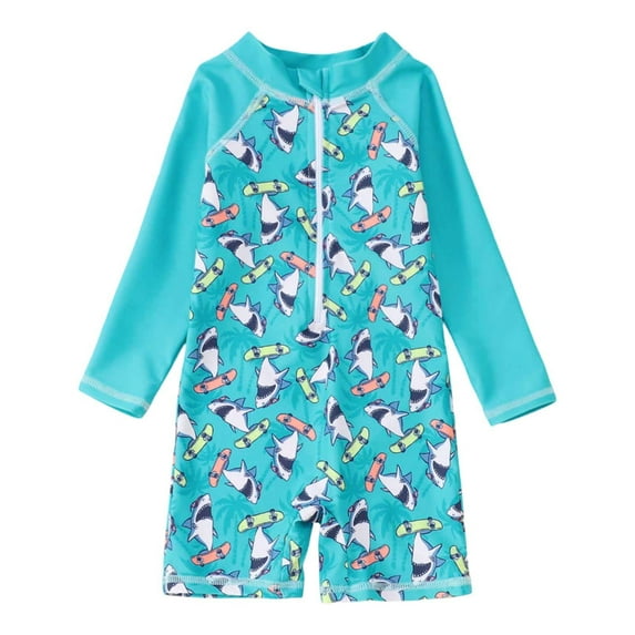 BOOMNY Toddler Boys Swimsuits Long Sleeve Cartoon Shark Prints One Peice Rash Guard Swimsuit Soft Quickly Dry Bathing Suit Sets Comfy Child's Swimwear