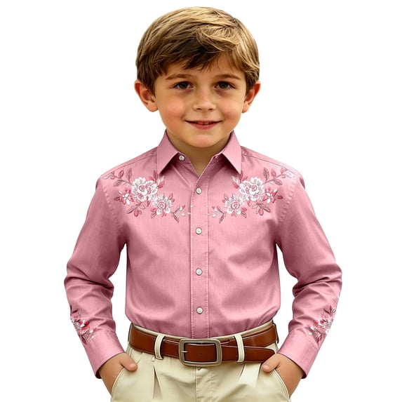 BOOMNY Toddler Boys Western Cowboy Shirts Long Sleeve Lapel Embroidery Buttons Shirts for Boy Soft Dailywear