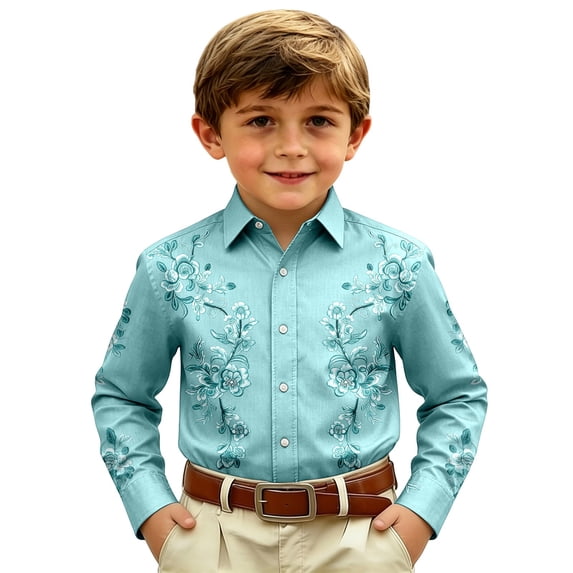 BOOMNY Toddler Boys Western Cowboy Shirts Long Sleeve Lapel Embroidery Buttons Shirts for Boy Soft Dailywear