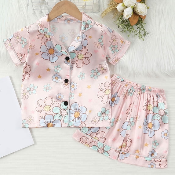 BOOMNY Toddler Girls 2 Peice Pajamas Sets Floral Graphic Short Sleeve Buttons Sleepwear Tops Shorts Pjs Set for Kids Cozy Loungewear Homewear