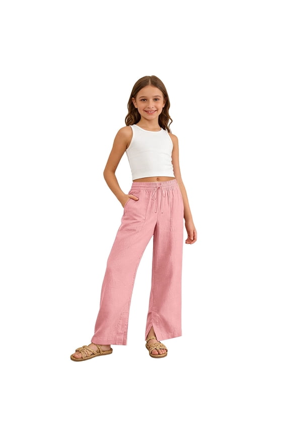 Toddler Girls Baggy Pants Wide Leg Pants for Girl Trendy Solid Color Elastic Waist Drawstring Lightweight Loose Fit Summer Beach Joggers With Pocket