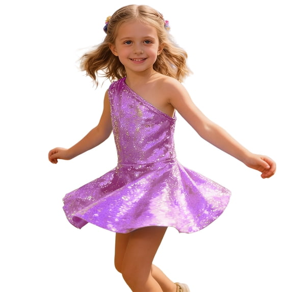 BOOMNY Toddler Girls Ball Gown One Shoulder Wedding Dresses for Girl Sequins Lightweight Loose Fit Stage Performance Dress
