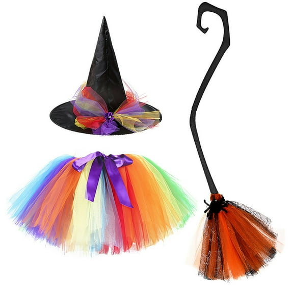 BOOMNY Toddler Girls Halloween Clothes Sets Funny Hallowmas Witch Dress Up Mesh Tulle Dress Hat And Broom 3Pcs Outfit Sets Cozy Halloween Clothing Set