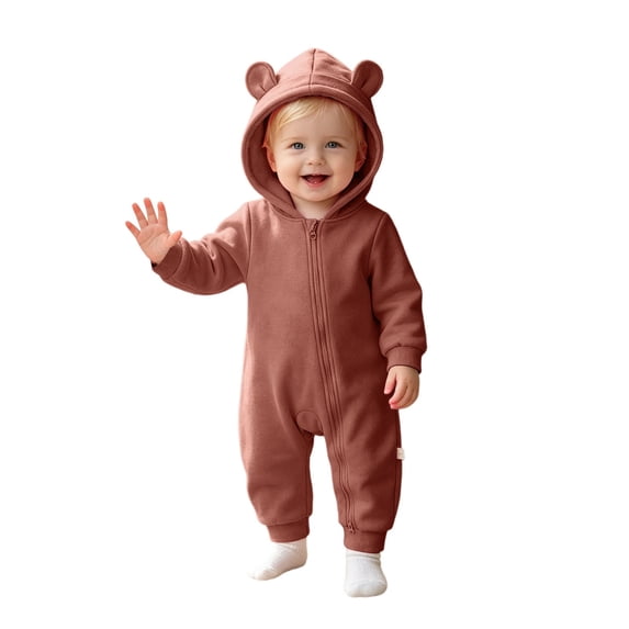 BOOMNY Toddler Girls Hooded Romper Cute Bear Ear Long Sleeve Rompers for Kids Soft Warm Winter Loungewear Jumpsuit