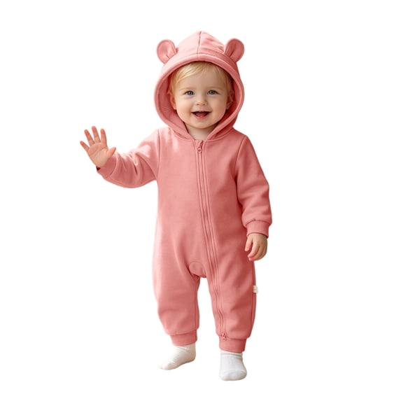 BOOMNY Toddler Girls Hooded Romper Cute Bear Ear Long Sleeve Rompers for Kids Soft Warm Winter Loungewear Jumpsuit