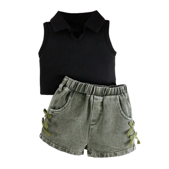 BOOMNY Toddler Girls Outfit Set 2 Peice Clothes Set for Girl Sleeveless Solid Color Tops Denim Shorts Cozy Kids Dailywear