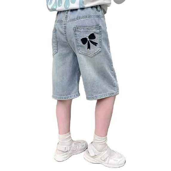 BOOMNY Toddler Girls Short Jeans Wide Leg Denim Shorts for Girl Trendy Casual Embroidery Y2K Elastic Waist Lightweight Loose Fit Soft Denim Shorts With Pocket