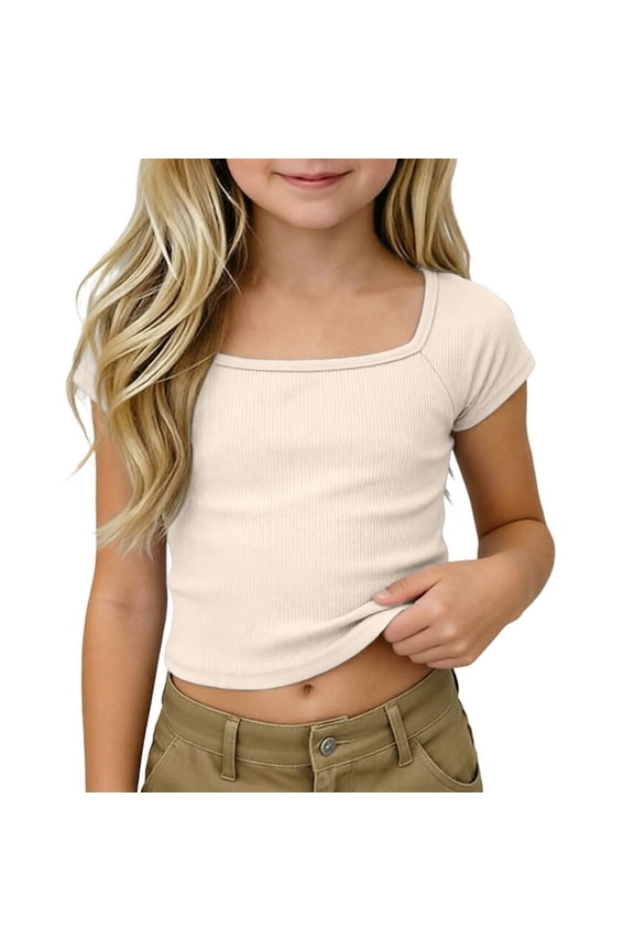 Toddler Girls Short Sleeve Crop Tops Solid Ribbed Base T-Shirts Slim Tee Tops, Sizes 4-5 Years