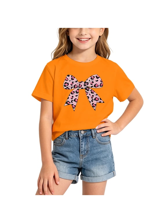 Toddler Girls Short Sleeve T-Shirts Crew Neck Bowknot Graphic Tee Tops for Girl Soft Dailywear