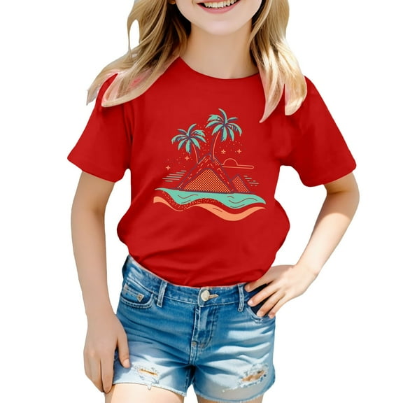 BOOMNY Toddler Girls T Shirts Casual Hawaiian Coconut Tree Island Printed Short Sleeve Crew Neck Soft Comfortable Tee Shirt Comfy Girls Summer Clothes 7-8 Years