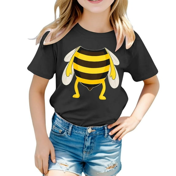 BOOMNY Toddler Girls T-Shirts Cute Cartoon Bee Letter Printed Short Sleeve Round Neck Lightweight Loose T Shirt Comfy Girls Dailywear 2-3 Years