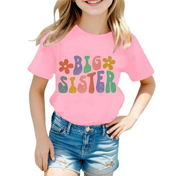 BOOMNY Toddler Girls T-Shirts Short Sleeve Casual Big Sister Letter Printed T Shirts Lightweight Loose Summer Shirt Tops Lovely Girl's Tees