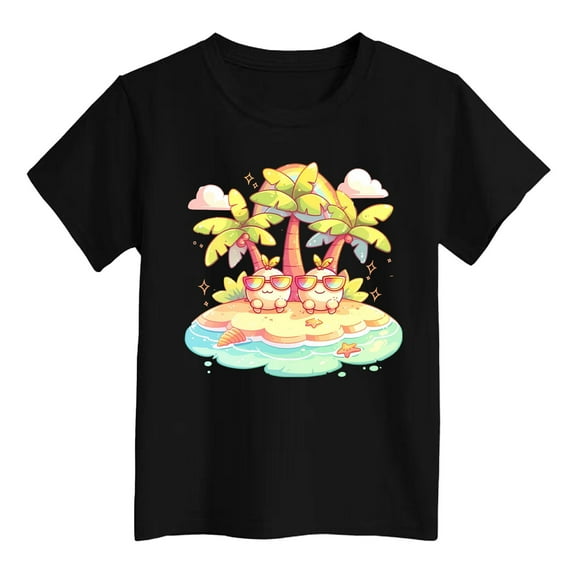 BOOMNY Toddler Girls Tee Shirts Casual Hawaiian Coconut Tree Island Printed Short Sleeve Crew Neck Soft Loose Fit Tshits Suitable For Dailywear 18-24 Months