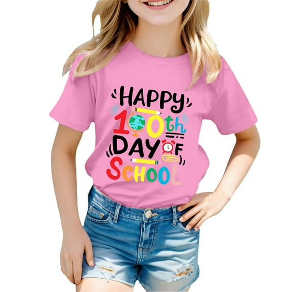 BOOMNY Toddler Girls Tee Shirts Celebrate 100 Days Of School Letter Printed Short Sleeve Crew Neck Lightweight Loose T Shirt Comfy Girls Dailywear 3-4 Years