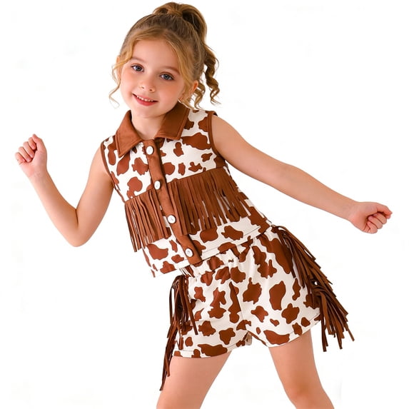 BOOMNY Toddler Girls Western Cowboy Dress Up 2 Peice Clothes Set for Girl Short Sleeve Tassel Vest Shorts Cozy Stage Performance Outfits
