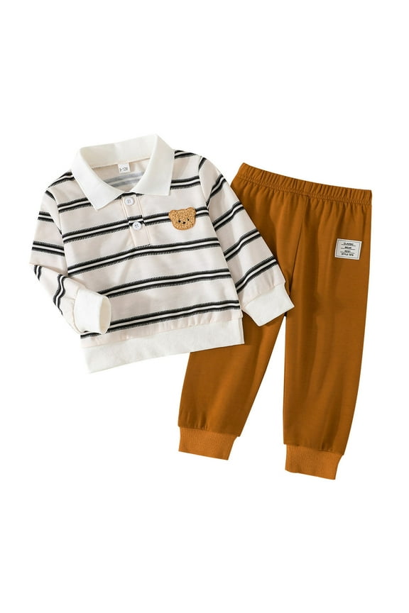 Toddler Boys Outfit Sets 2 Peice Clothes Set for Kids Cartoon Bear Embroidery Long Sleeve Polo Shirt Pants Cozy Soft Clothing for Children