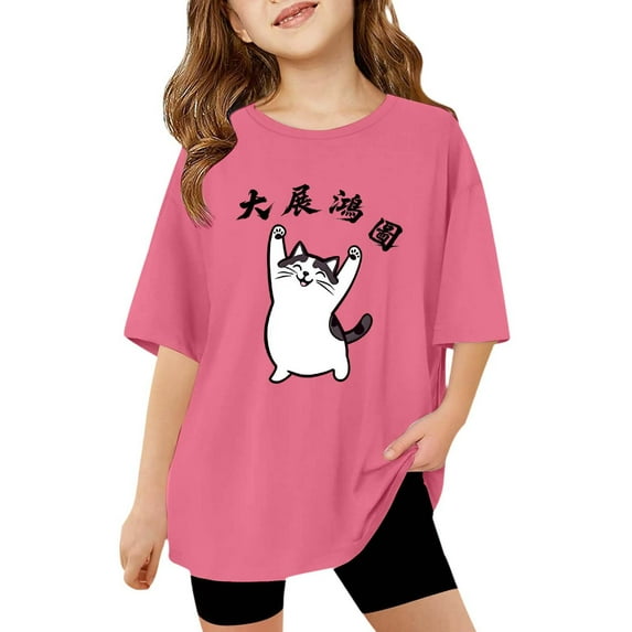 BOOMNY Toddler Girls Tshirts Short Sleeve T Shirts for Girls Cartoon Cat Graphic Breathable Loose Fit Cozy Childrens Dailywear