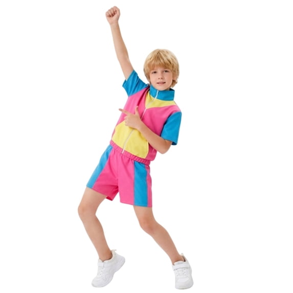 BOOMNY Unisex Boys Girls 70S Disco Party Outfits Halloween Patchwork Color Short Sleeve Tops Shorts Set Hallowmas Stage Performance Clothes