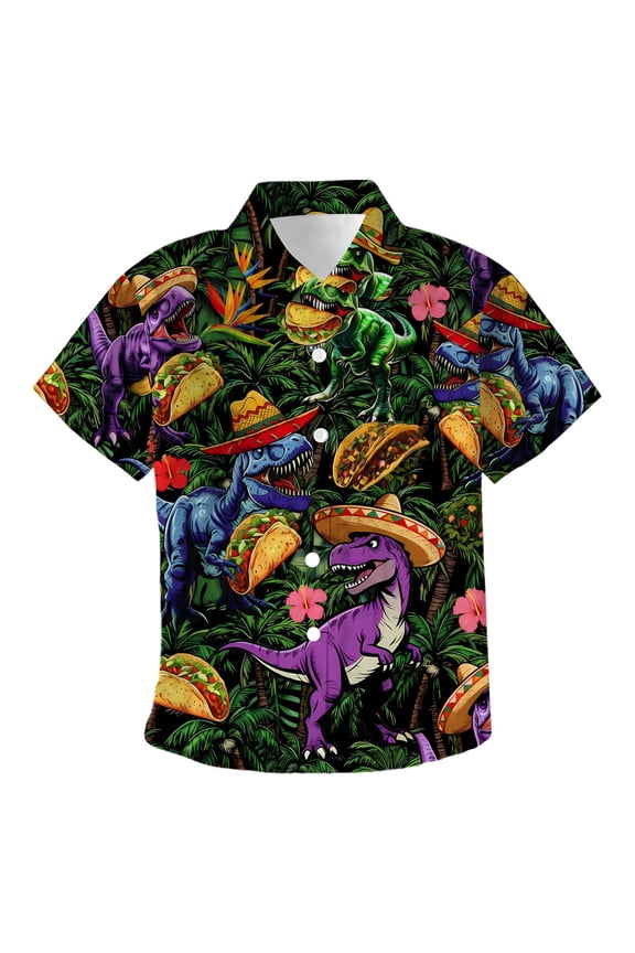 Unisex Boys Girls Hawaii Tshirts Short Sleeve Buttons T Shirts for Boys Dinosaur Graphic Breathable Loose Fit Cozy Childrens Summer Vacation Tees