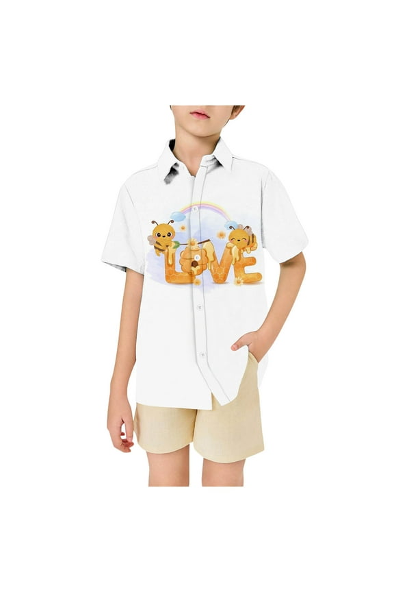 Unisex Boys Girls Tshirts Short Sleeve Buttons T Shirts For Kids Cartoon Bee Graphic Breathable Loose Fit Cozy Childrens Athletic Tees
