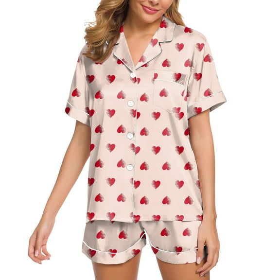 BOOMNY Valentines Women's Pajama Set 2 Peice Satin Pajamas for Women Set Valentine's Day Love Heart Graphic Short Sleeve Buttons Pjs Tops Shorts Sleepwear Outfit Cozy Soft Homewear Loungewear