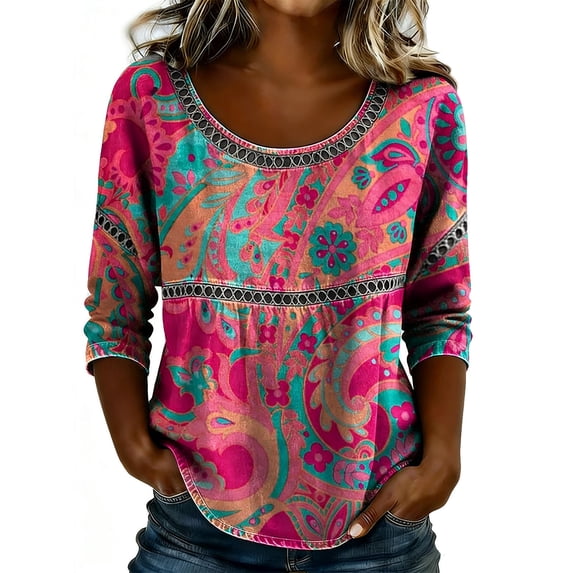 BOOMNY Women's 3/4 Sleeve Tshirts Bohemian Graphic Loose Summer Tees for Women