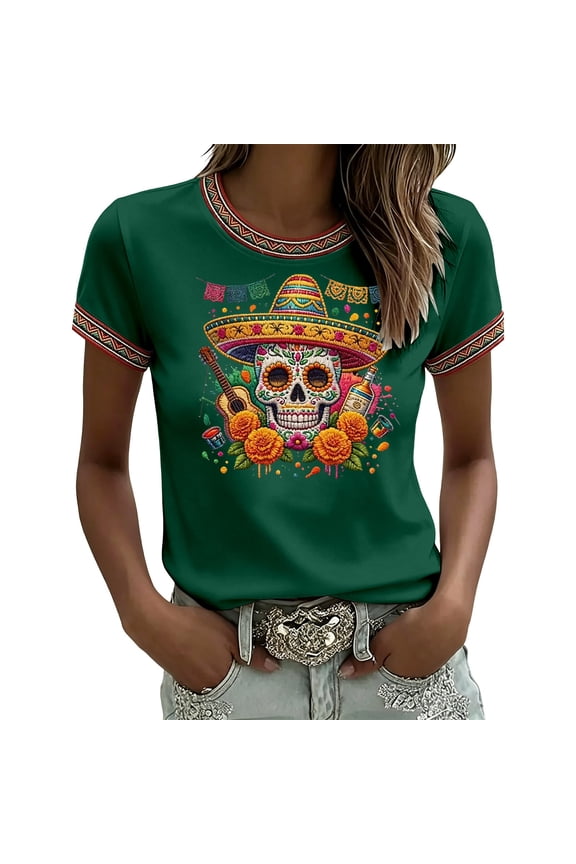 Women's Cinco De Mayo Short Sleeve T-Shirts Crew Neck Skeleton Dabbing Tshirts Mexican May 5Th Tee Tops for Women