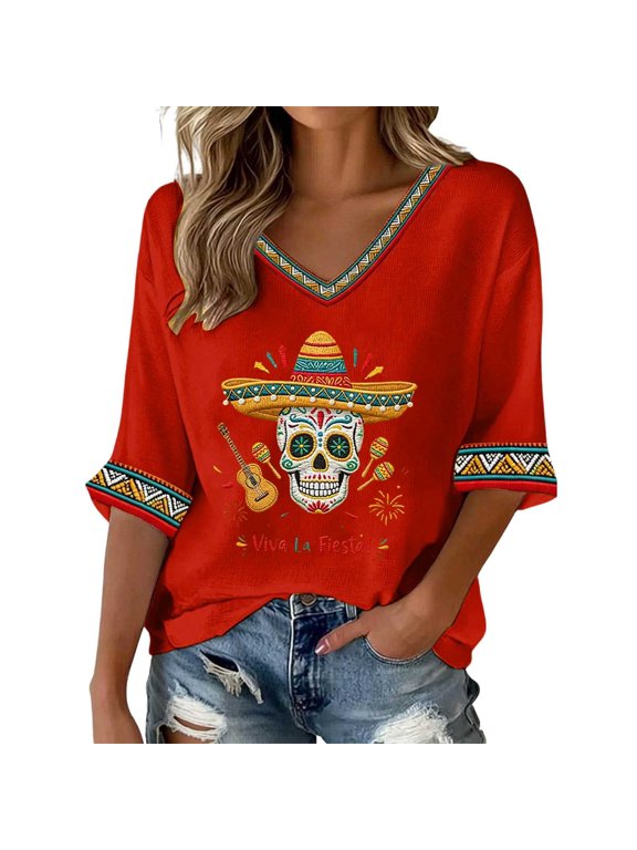 Women's Cinco De Mayo Short Sleeve T-Shirts V Neck Skeleton Dabbing Tshirts Mexican May 5Th Tee Tops for Women