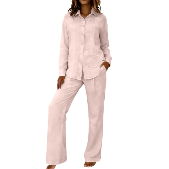 BOOMNY Women's Linen Pajama Sets 2 Peice Pjs Set for Women Graphic Long Sleeve Sleepwear Tops Pants Homewear Loungewear Sets