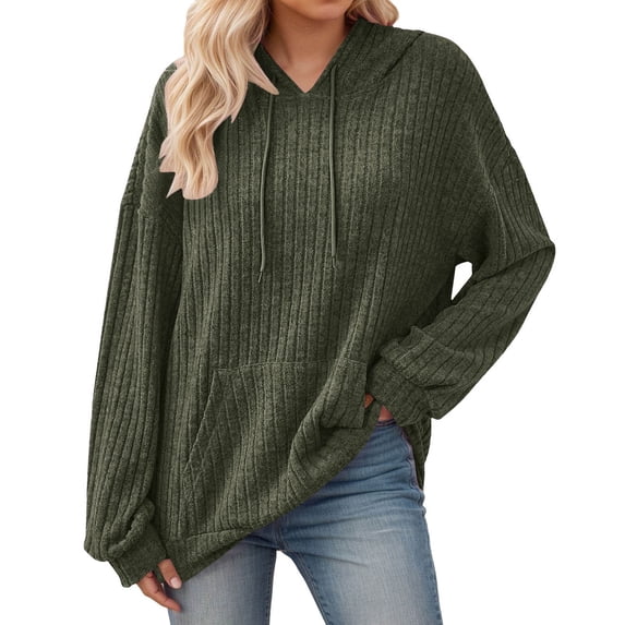 BOOMNY Women's Long Sleeve Hoodies Solid Pullover Hoodie for Women Trendy Casual Ribbed Fall Winter Hooded Sweatshirts With Pocket
