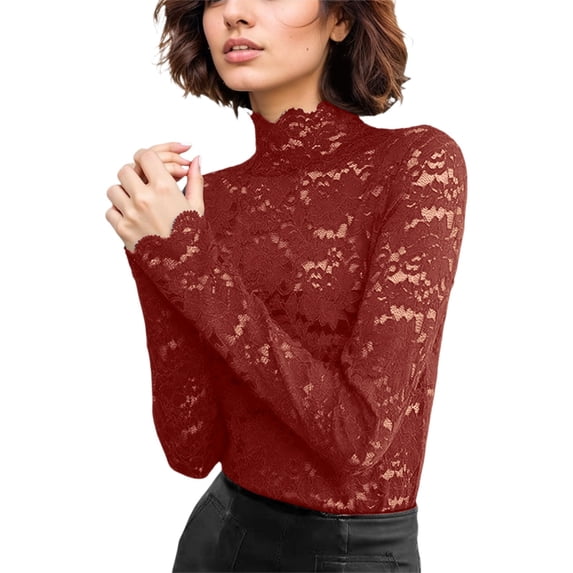 BOOMNY Women's Long Sleeve See Through T Shirts Embroidery Slim Lace Mesh Tees for Women