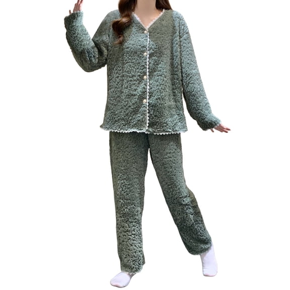 BOOMNY Women's Pajama Set 2 Peice Flannel Pajamas for Women Set Solid Color Thick Long Sleeve Pjs Tops Pants Sleepwear Outfit Cozy Warm Homewear Loungewear
