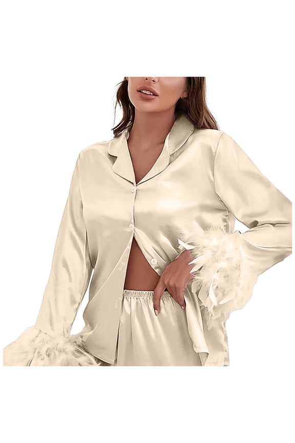 Women's Pajama Set 2 Peice Pajamas for Women Set Solid Color Long Sleeve Feather Trim Pjs Tops Pants Sleepwear Outfit Cozy Soft Homewear Loungewear