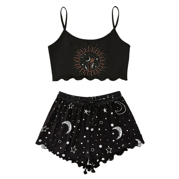 BOOMNY Women's Pajama Set 2 Peice Pajamas for Women Set Casual Graphic Y2K Sleeveless Pjs Tops Shorts Sleepwear Outfit Cozy Soft Homewear Loungewear