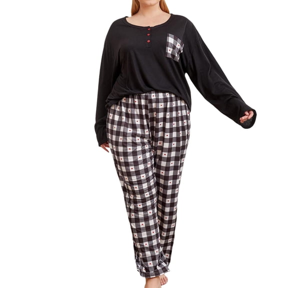 BOOMNY Women's Pajama Set 2 Peice Pajamas for Women Set Plaid Plus Size Long Sleeve Pjs Tops Pants Sleepwear Outfit Cozy Soft Homewear Loungewear