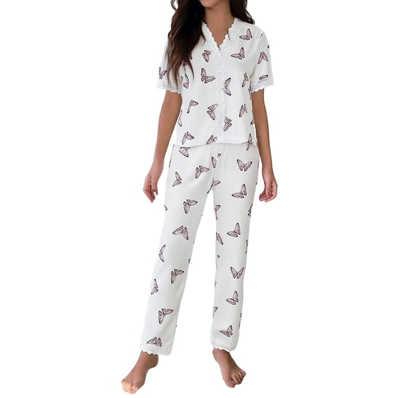BOOMNY Women's Pajama Sets 2 Peice Pjs Set for Women Graphic Short Sleeve Buttons Sleepwear Tops Pants Homewear Loungewear Sets