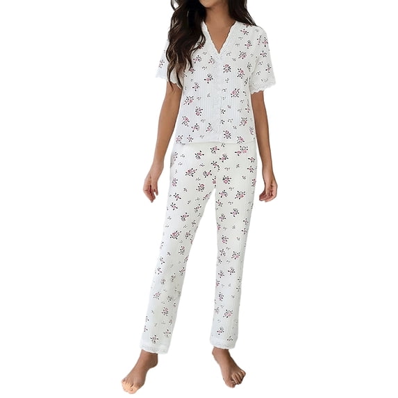 BOOMNY Women's Pajama Sets 2 Peice Pjs Set for Women Graphic Short Sleeve Buttons Sleepwear Tops Pants Homewear Loungewear Sets