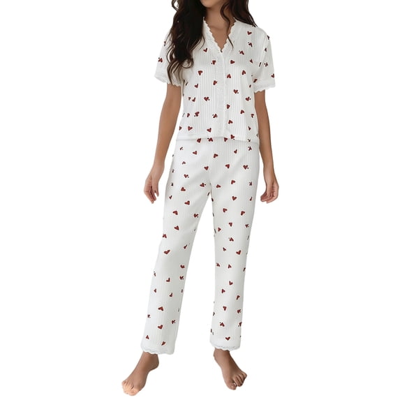 BOOMNY Women's Pajama Sets 2 Peice Pjs Set for Women Graphic Short Sleeve Buttons Sleepwear Tops Pants Homewear Loungewear Sets