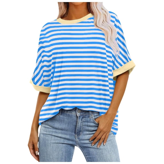 BOOMNY Women's Plus Size Short Sleeve T Shirts Striped Loose Summer Tees for Women