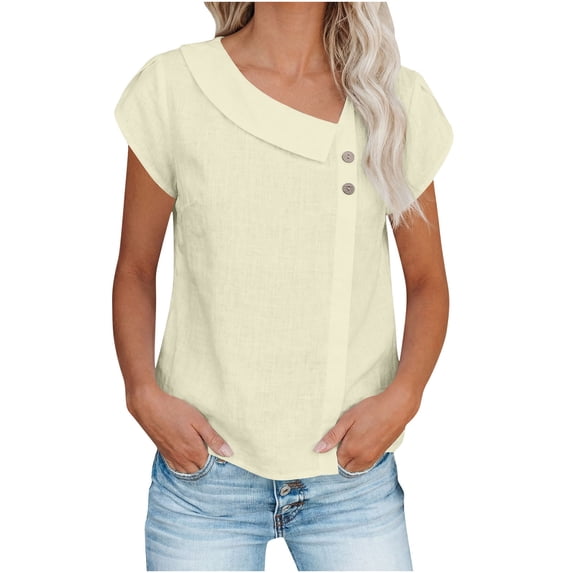 BOOMNY Women's Short Sleeve Cotton Linen T-Shirts Solid Color Slim Summer Tees for Women